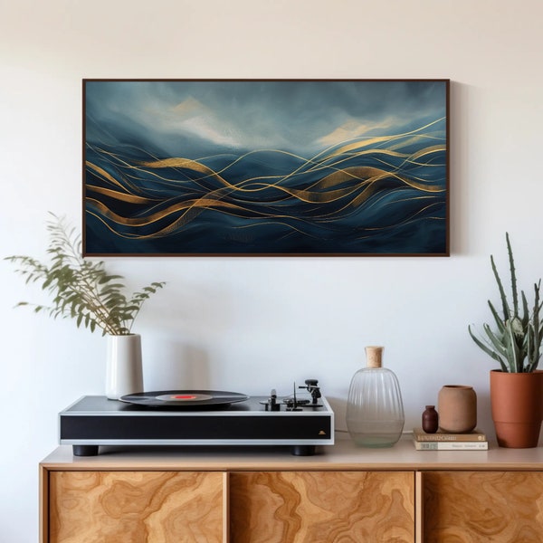 Gold Lines Abstract Dark Blue Minimalist Canvas Print | Elegant Modern Art Wall Decor | Luxury Minimalist Painting for Living Room or Office