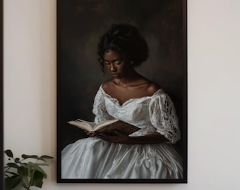 Vintage African American Girl Reading Book Portrait | Black Girl Canvas | African Home Decor | Victorian Era Wall Art for Bedroom Study Room