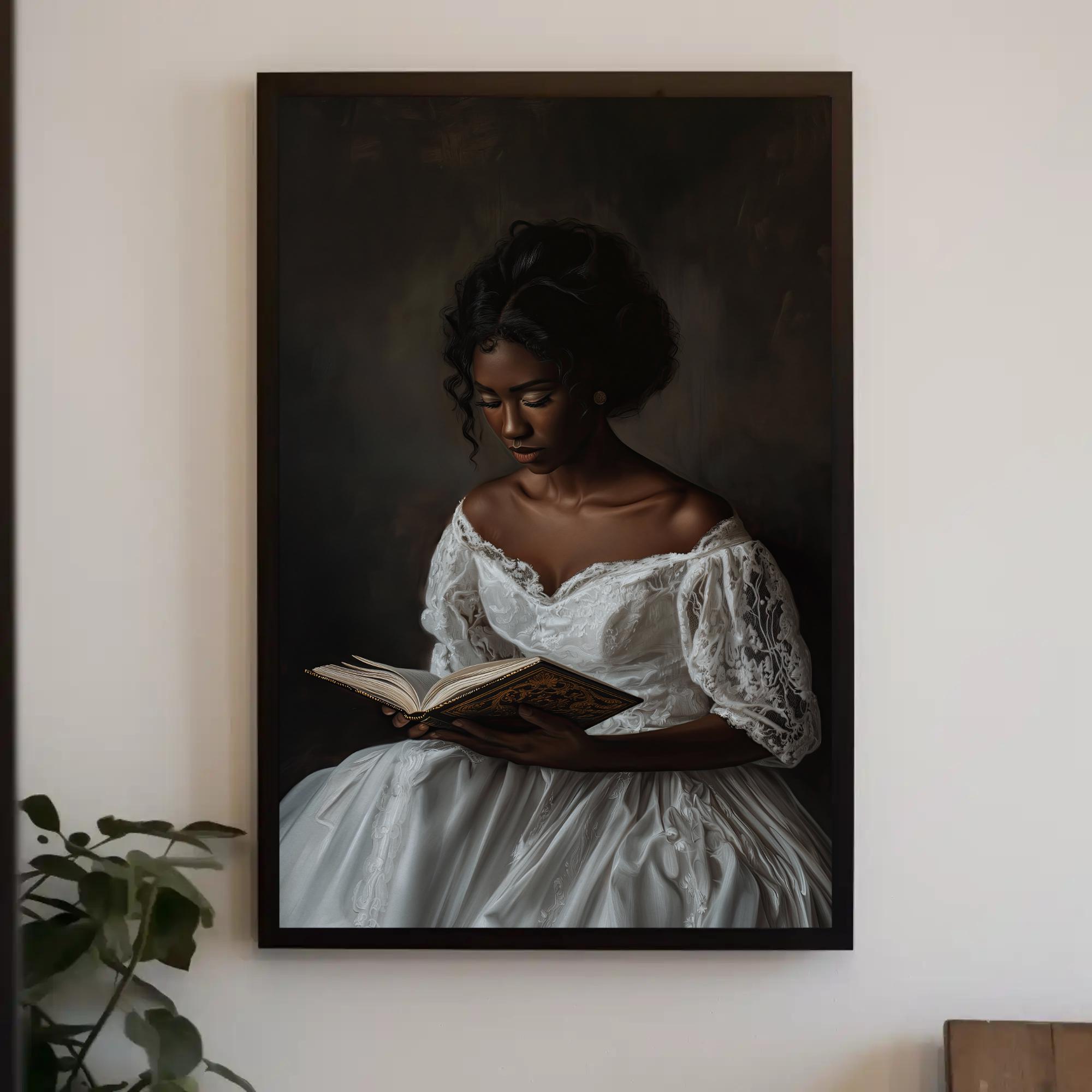 Vintage African American Girl Reading Book Portrait | Black Girl Canvas | African Home Decor | Victorian Era Wall Art for Bedroom Study Room