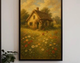 Lienzo impreso estilo cottagecore, pradera de flores rústicas, arte de pared estilo granja.