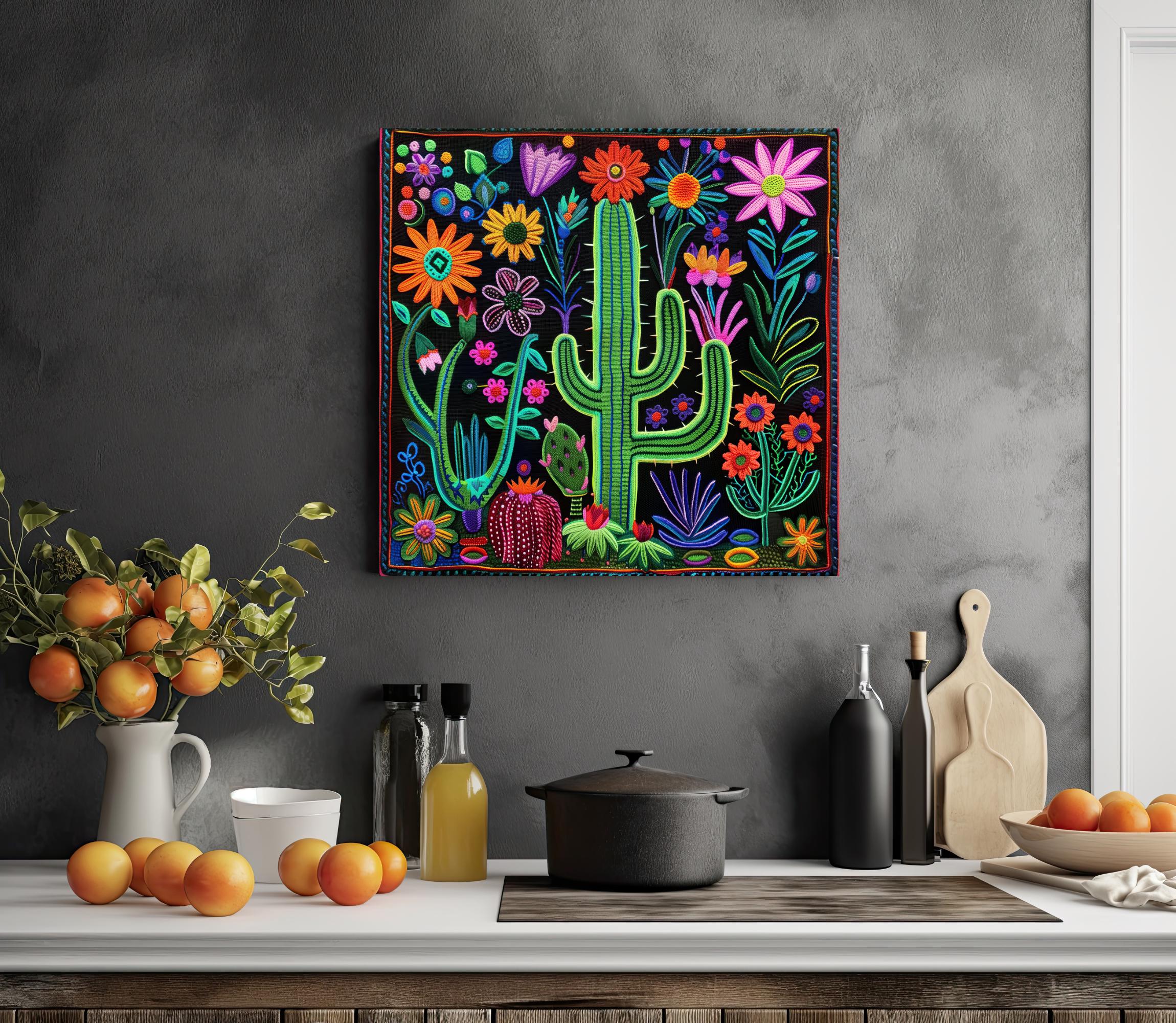 Mexican Cactus Flower Canvas Wall Art | Huichol Yarn Painting Style ...