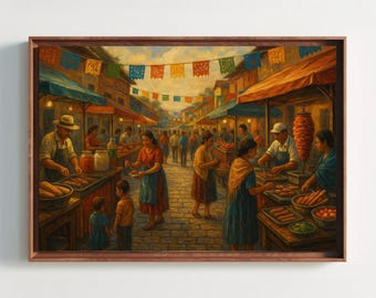 Mexican Food Market Art Print, Festive Pueblo Scene