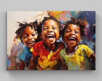 Happy African Children Canvas Art, Colorful Kids Portrait, Framed Wall Art