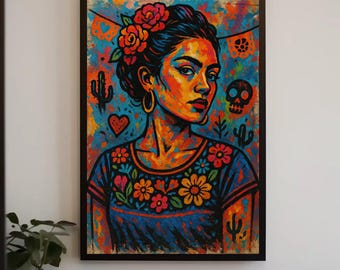 Mexican woman graffiti wall art canvas print colorful street style Latin culture poster Day of the Dead decor vibrant portrait