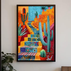 Mexican Stairs with Cacti Canvas | Colorful Mexican Wall Art | Framed Vibrant Artwork for Mexican Kitchen, Living Room, Patio, Ready to Hang