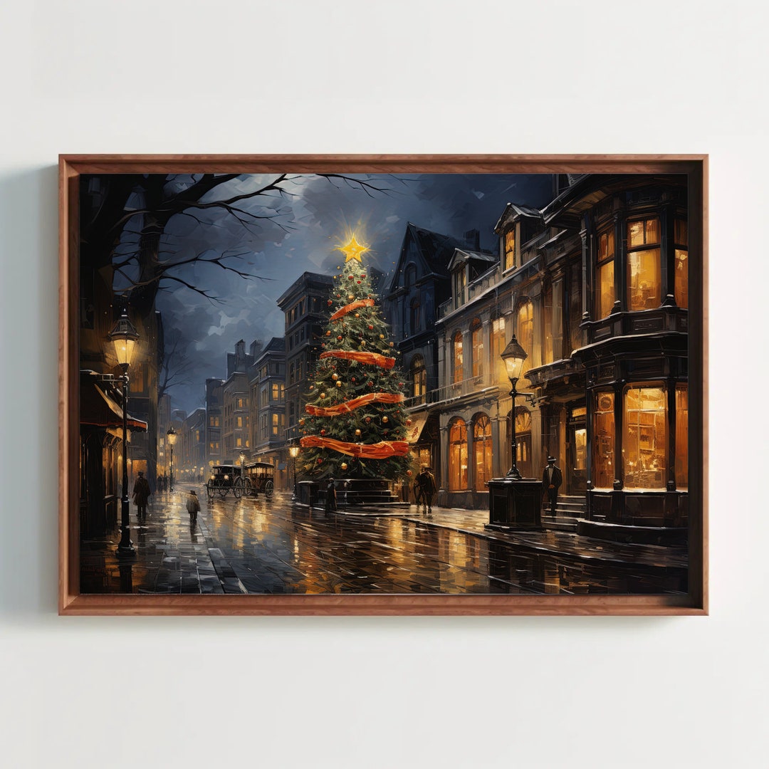 Christmas Tree on a Winter Night Street Painting, Christmas Wall Decor