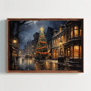 Christmas Tree on a Winter Night Street Painting, Christmas Wall Decor, Above Fireplace Decor, Christmas Mantel Wall Art, Christmas Gift