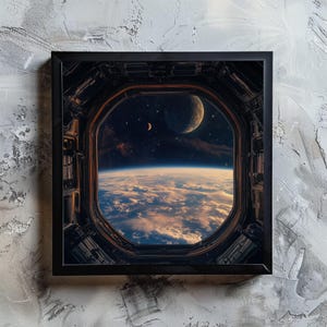 Space Station Window Canvas Print, Framed Sci-Fi Wall Art