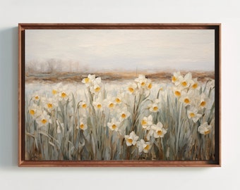 Daffodil Field Painting - Nature Artwork - Flower Field Large Canvas Oil Painting - Vintage Oil Painting - White Flower Canvas Art Decor
