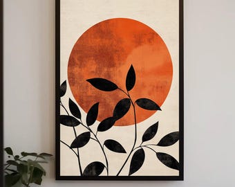 Mid-Century Modern Sun Canvas Print, Black Leafy Wall Art