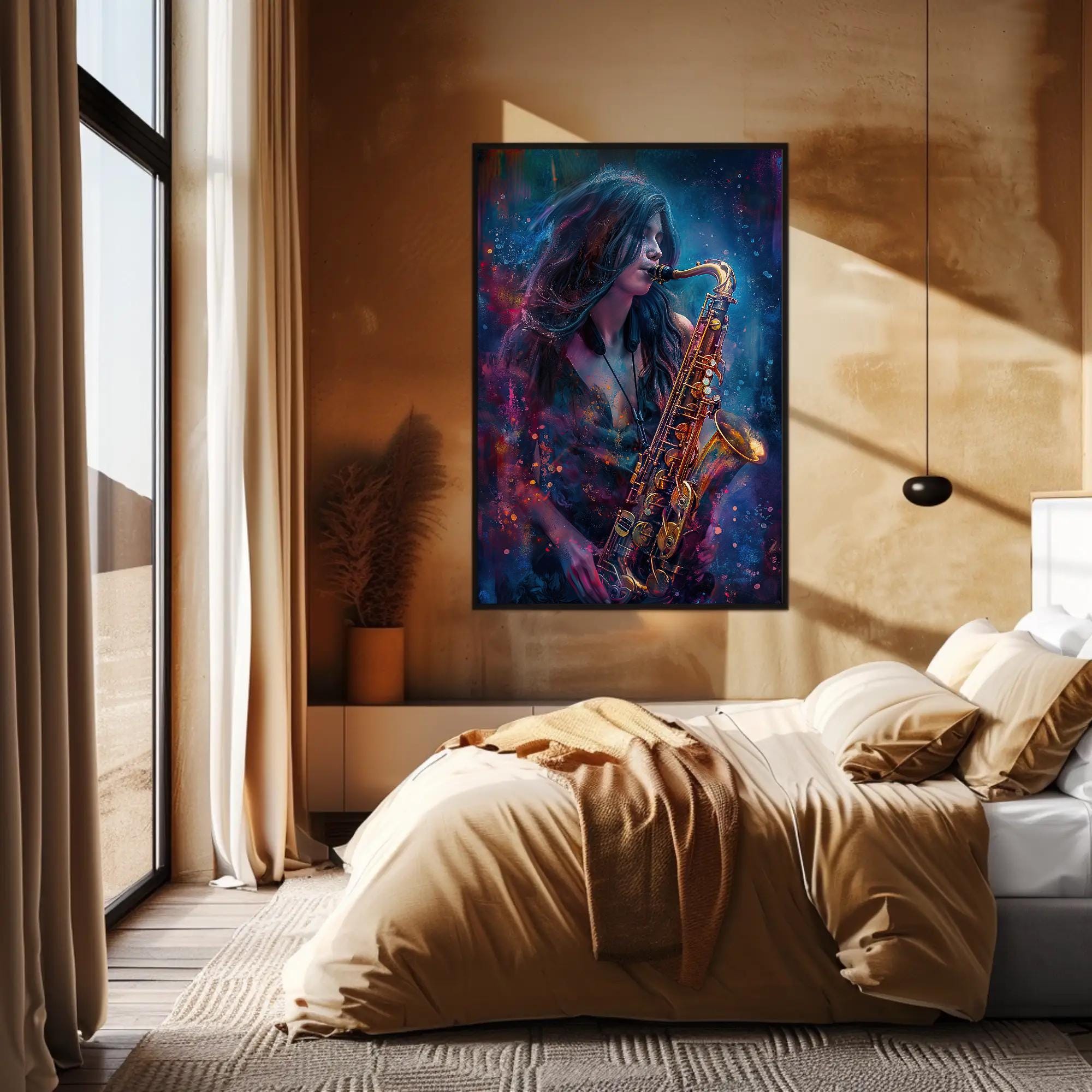 Saxophone Girl Canvas Painting, Framed Print, Musical Art
