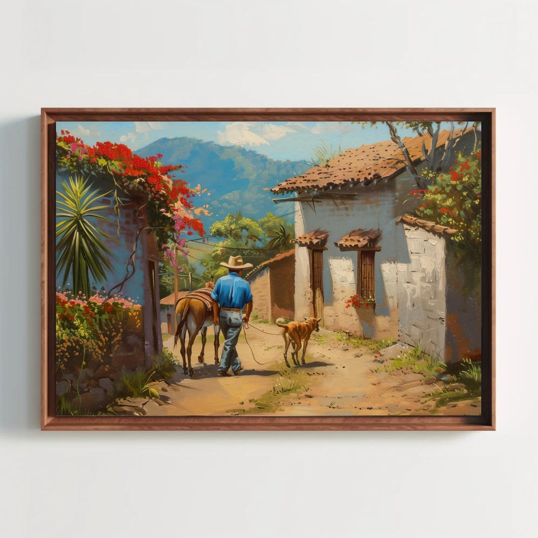 Framed Mexican Village Oil Painting | Man, Donkey, Dog Canvas Art
