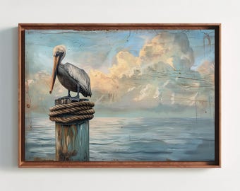 Impressão em tela de pelicano - Pintura de ave costeira, arte náutica para parede