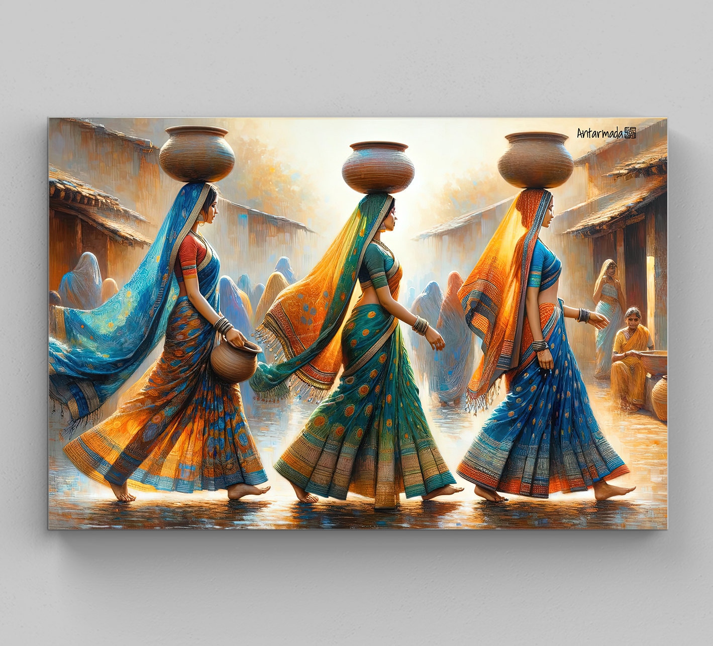 Indian Woman Carrying Clay Pots Painting, Signed By Artist, Indian Restaurant Decor, Indian Living Room Long Canvas Decor, Indian Painting