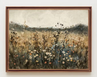 Wildflower Field Painting | Rustic Landscape Canvas Art | Neutral Farmhouse Wall Decor | Moody Botanical Print for Living Room