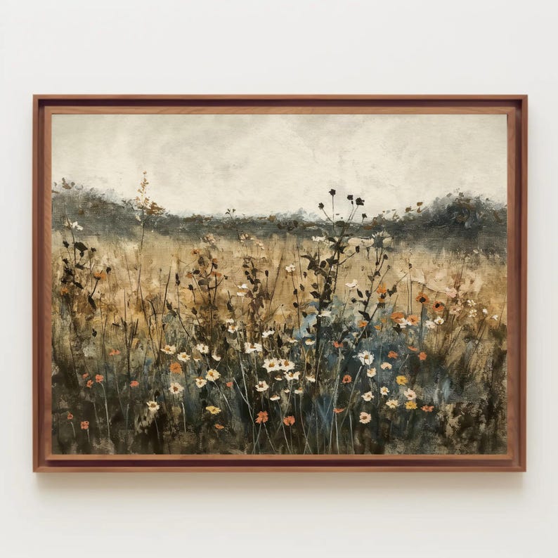 Wildflower Field Painting | Rustic Landscape Canvas Art | Neutral ...