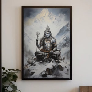 Shiva Meditating on Peak of Kailash Parvat Himalayas Mountain Painting Canvas Hindu Wall Art Indian Deity Art Shivji Painting Spiritual