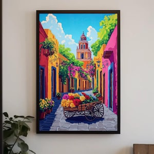 Mexican Flower Street Painting | Mexican Flower Cart Vertical Canvas Print | Framed Colorful Wall Art for Living Room | Ready to Hang