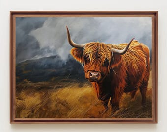 Framed Highland Cow Canvas Print, Rustic Farmhouse Wall Art