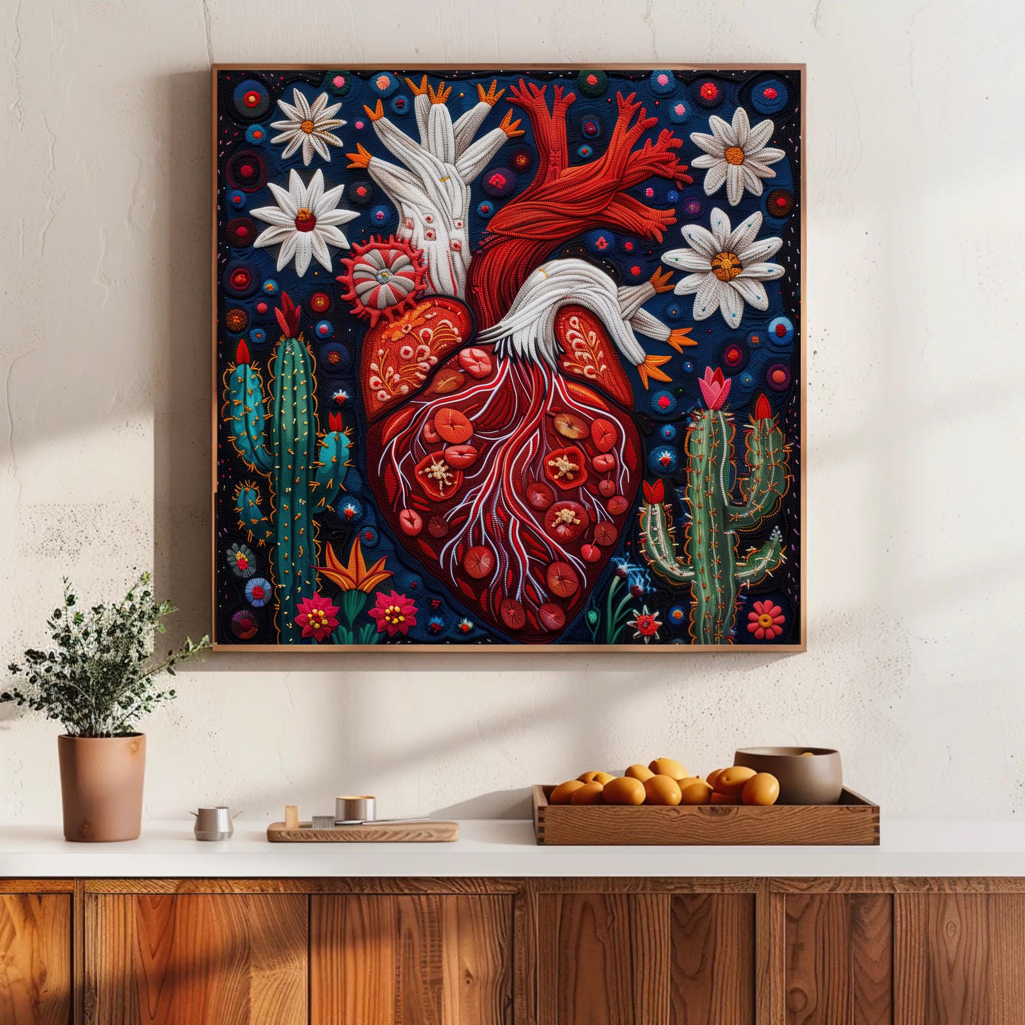 Huichol Heart & Cactus Canvas Art | Mexican Folk Decor - Etsy