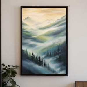 Foggy Mountain Forest Trees Abstract Wall Art - Foggy Nature Print - Modern Living Room Decor - Framed Canvas