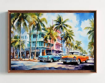 Miami Street Leinwanddruck, Oldtimer, Florida Wandkunst