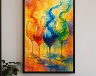 Colorful Wine Glasses Watercolor Art Print | Modern Bar Decor