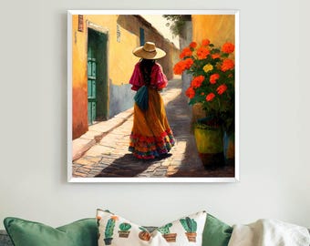 Colorful Mexican Woman Canvas Art Print: Hacienda Home Decor