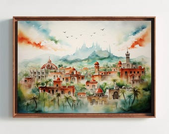Impresión en lienzo de acuarela de paisaje urbano mexicano, arte mural moderno