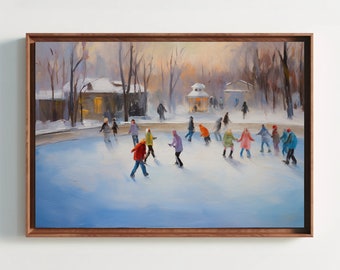 Peinture à l'huile de patinage sur glace - Scène d'hiver pittoresque - Art mural de Noël - Cadeau déco de Noël - Déco de patinoire intérieure - Cadeau de Noël