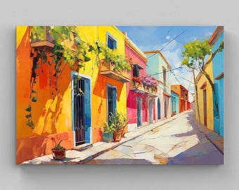May include: A vibrant painting of a narrow street lined with colorful buildings in shades of yellow, pink, and blue. The scene features potted plants on the sidewalk, balconies with green foliage, and a clear blue sky above the sunlit stone path.