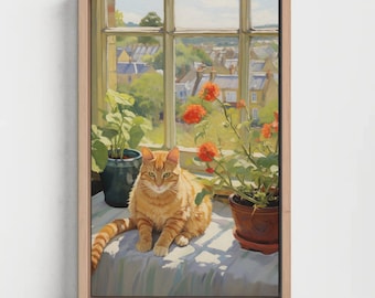 Orange Cat Canvas Print: Cottage Garden Window, Ready to Hang