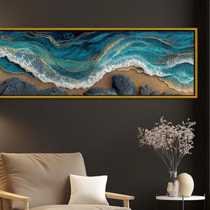 Panoramic Ocean Waves Canvas, Abstract Gold Leaf Teal Blue Seascape