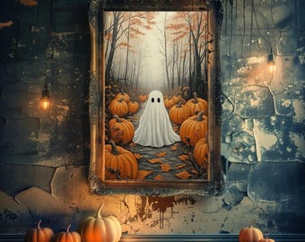 May include: A framed wall art piece depicting a white ghost standing in a forest path filled with orange pumpkins and fallen leaves. The artwork is displayed on a dark, distressed wall with hanging light bulbs and pumpkins on the floor.