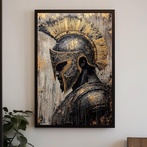 Gold Spartan Warrior Wall Art, Ancient Helmet Canvas Print, Gladiator Portrait Decor