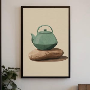 Sage Green Teapot Canvas Print - Minimalist Kitchen Art, Framed