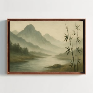 Zen Bamboo Forest River Canvas Print – Misty Mountains Painting Wall Art for Japanese Decor, Nature Tranquility and Meditative Style