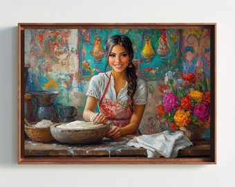Mexican Kitchen Canvas Art – Woman Making Tortillas, Rustic Dining Room Decor