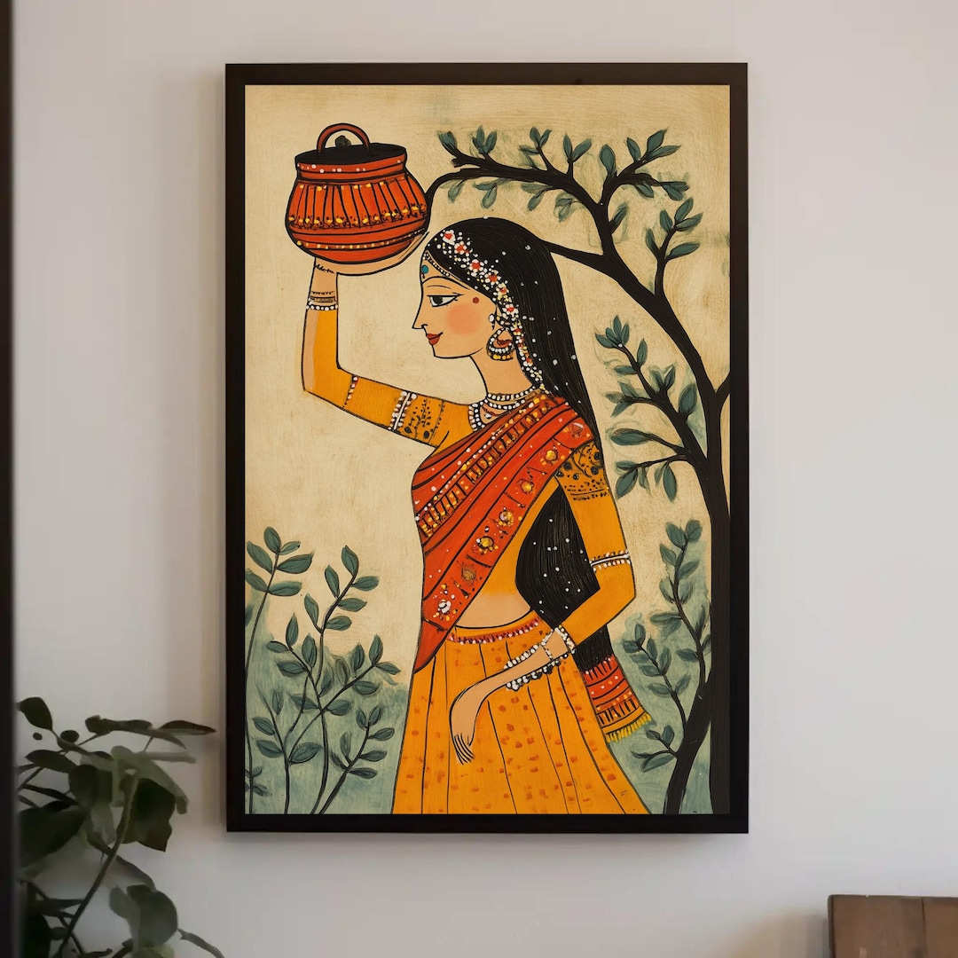 Indian Woman Carrying a Pot Canvas Print, Madhubani Style Painting ...
