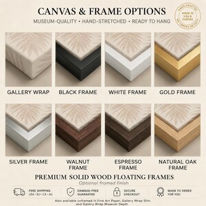 a variety of canvas and frame options, including gallery wrap, black frame, white frame, gold frame, silver frame, walnut frame, espresso frame, natural oak frame, and premium solid wood floating frames.