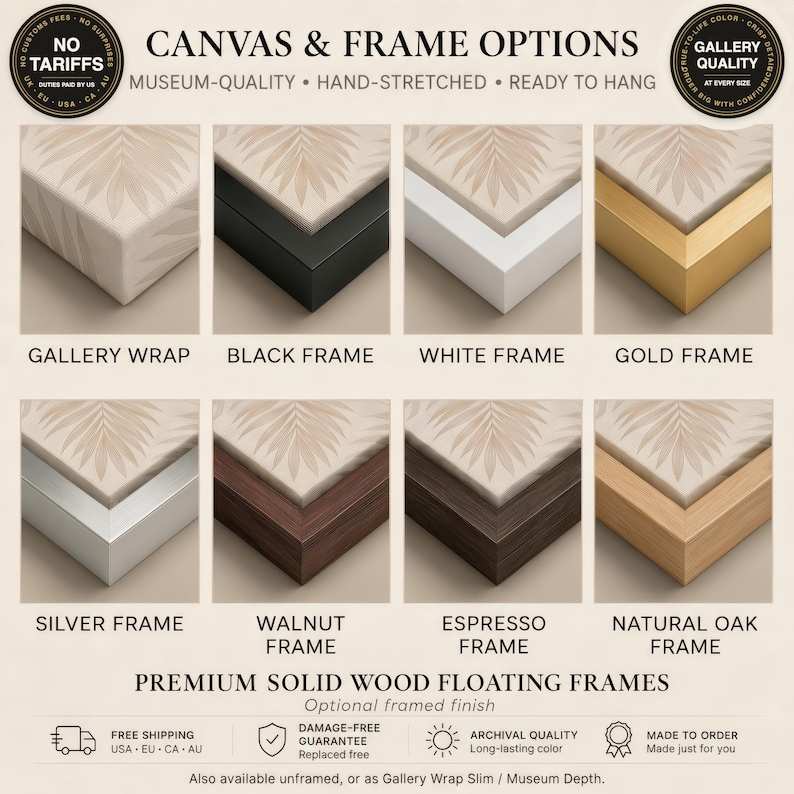 a variety of canvas and frame options, including different colors, materials, and finishes, presented in a grid format.