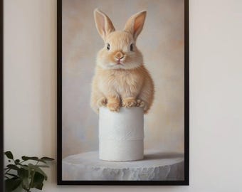 Funny Bunny Toilet Paper Canvas Print, Rustic Bathroom Wall Art