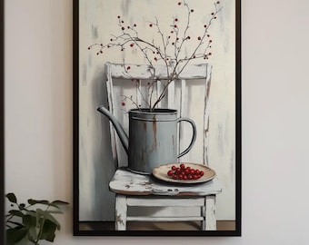 Vintage Floral Canvas Print, Rustic Farmhouse Kitchen Art