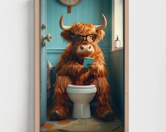 Funny Highland Cow Bathroom Canvas Print – Toilet Humor Animal Wall Art