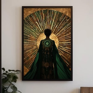 Art Deco Oracle Canvas Print, Green Gold Geometric Wall Art, Mystical Figure Decor, Vintage Sunburst Statement, Roaring 20s Inspired