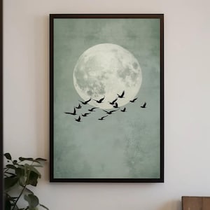 Sage Green Japandi Sun and Birds Canvas Print, Large, Abstract Wall Art, Minimalist Nature Decor for Bedroom, Office, or Zen Living Space