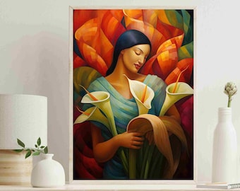 Mexican Woman with Calla Lilies Art Print - Hispanic Home Decor