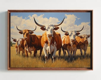 Longhorn Cow Canvas Print, Farmhouse Ranch Wall Art, Texas Decor