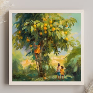 Kids Breaking Mangos Print, Colorful Art Print, Indian Artwork, Mexican Decor, Home Decor, Asian Art Print, Summer Vibes