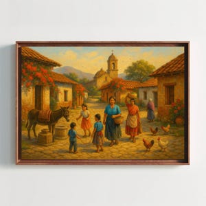 Puede incluir: Pintura enmarcada que representa una escena de pueblo vibrante. Personas caminando por una calle adoquinada, con un burro y gallinas. Edificios con tejados de tejas rojas y una iglesia con campanario al fondo. La obra de arte es rica en color.